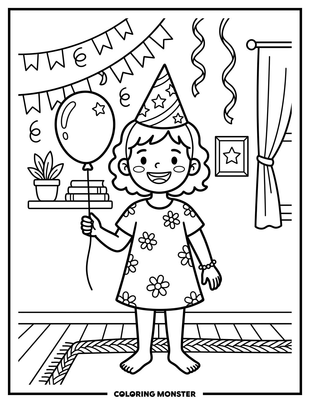 Girl Holding a Balloon Coloring Page