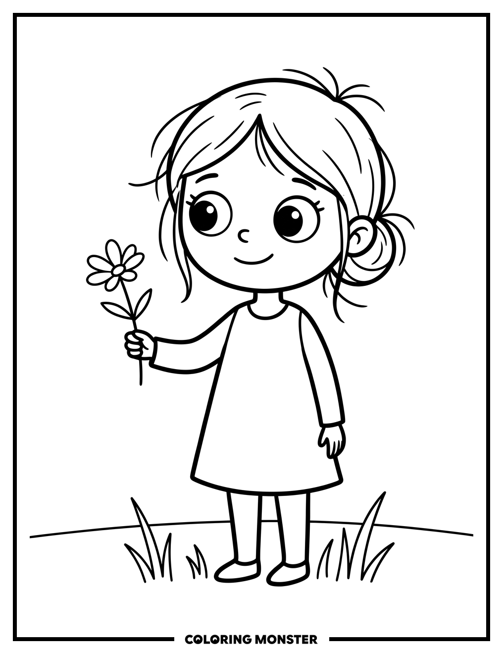 Girl Holding a Flower Coloring Page
