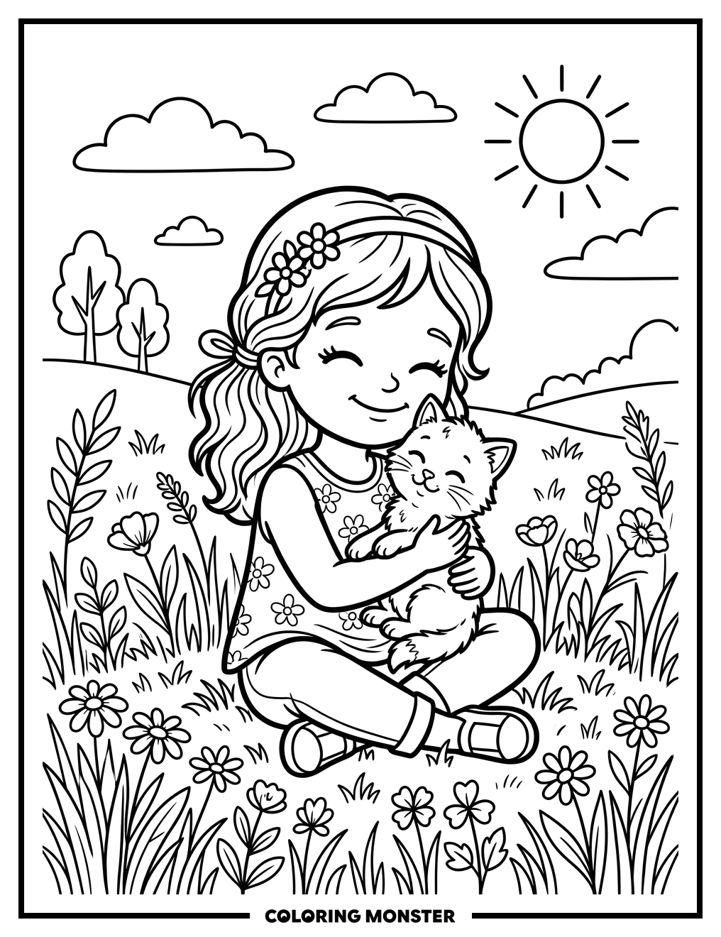 Girl Holding a Fluffy Kitten Coloring Page