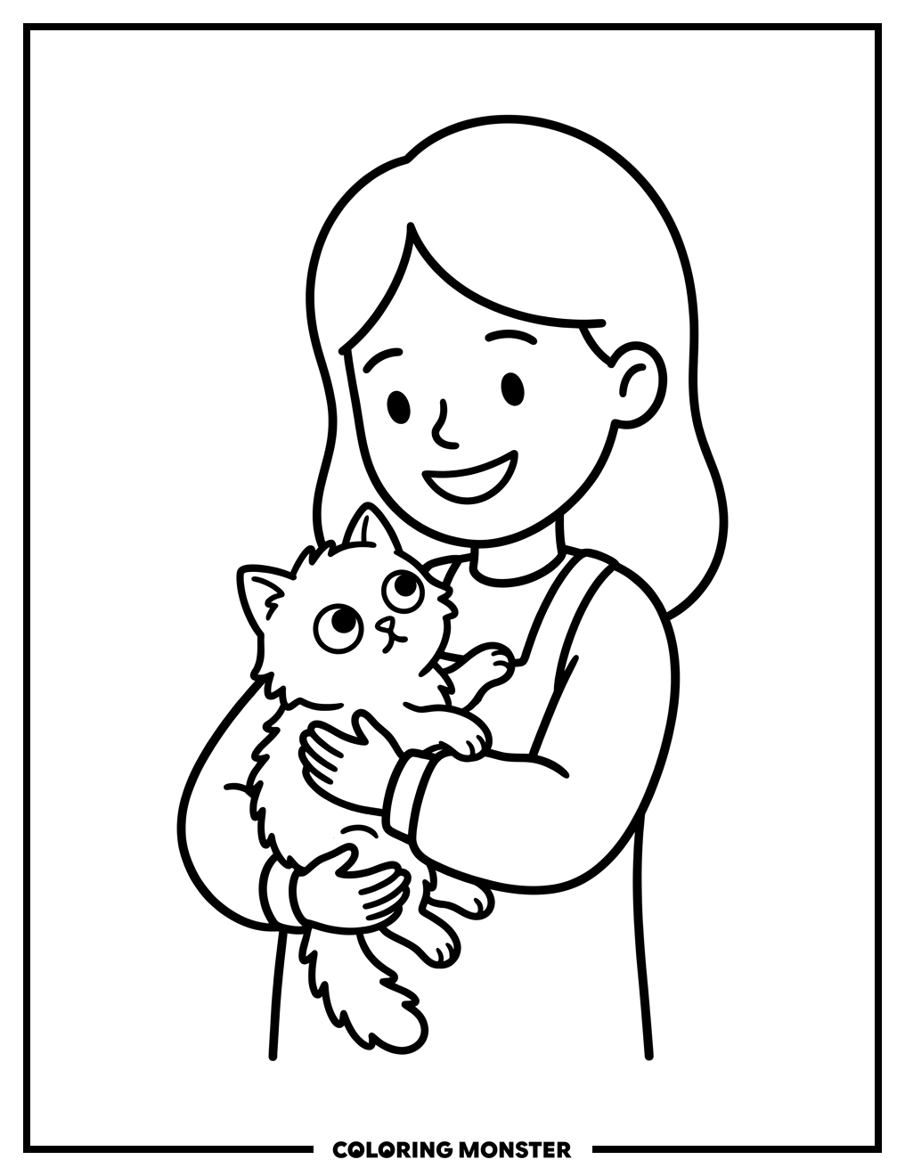Girl Holding a Fluffy Kitten Coloring Page