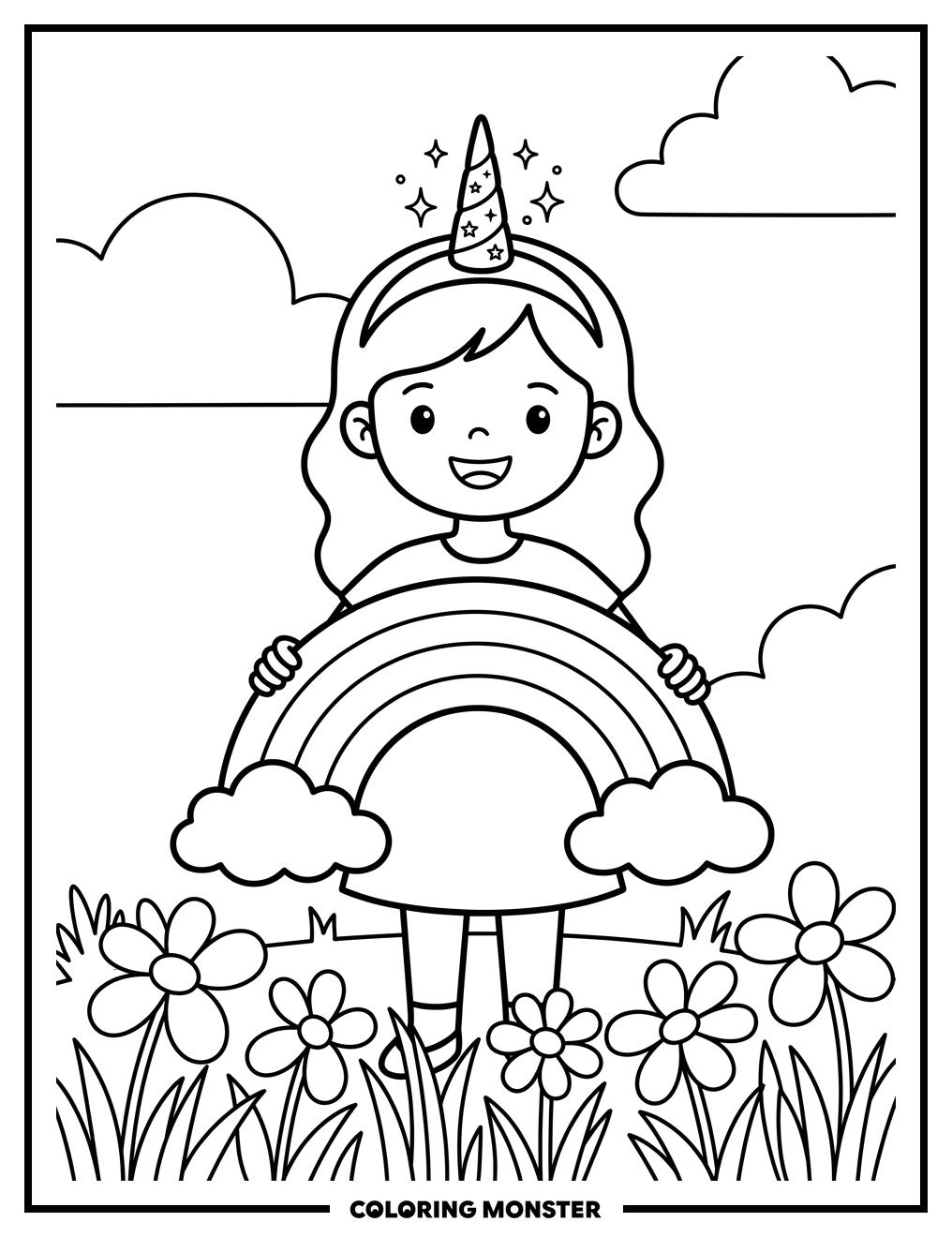 Girl Holding A Rainbow Coloring Page