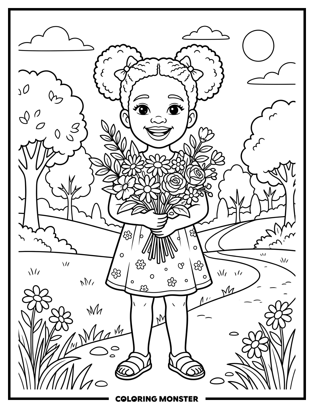 Girl Holding Flowers In Park Coloring Page