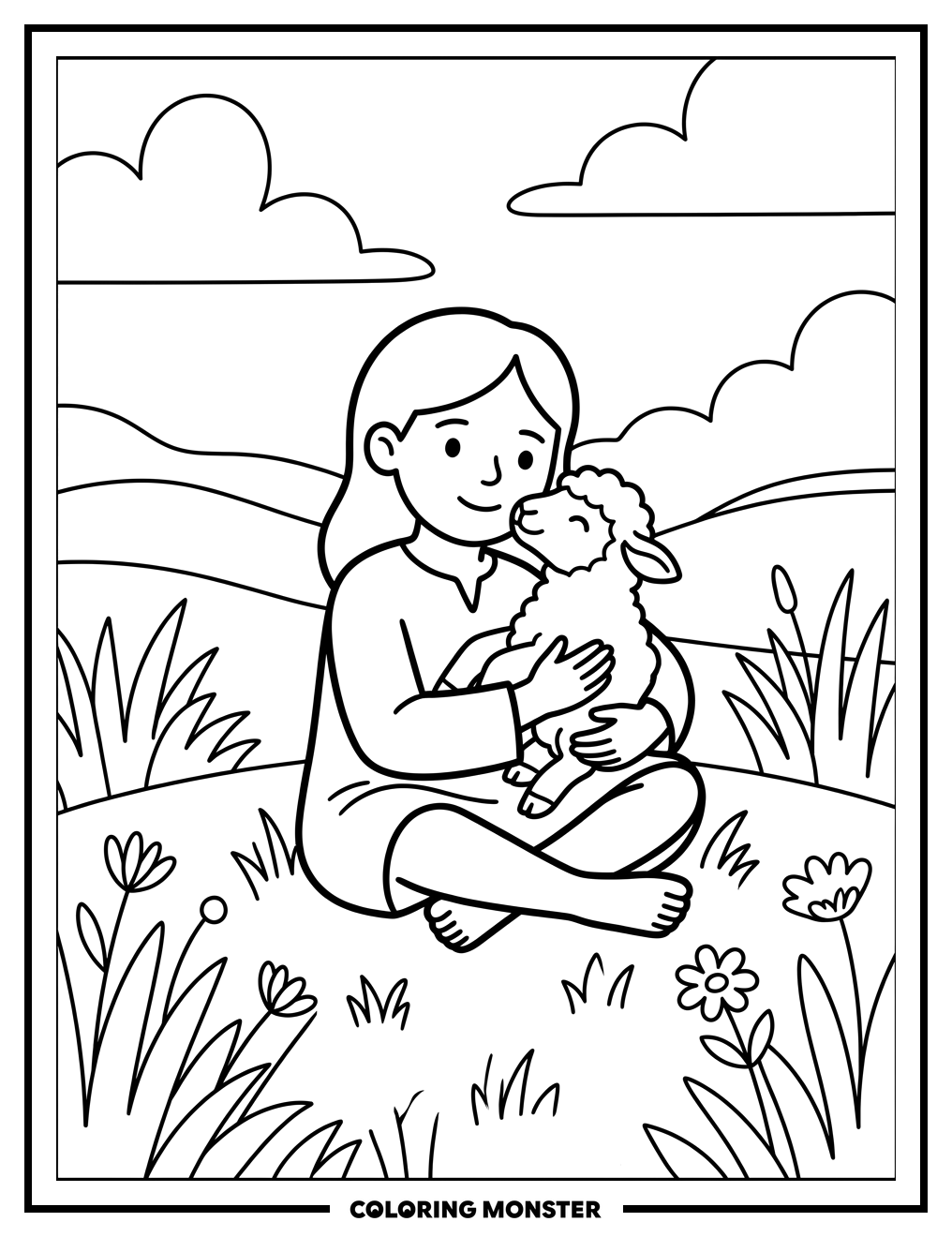Girl Holding Fluffy Lamb Coloring Page