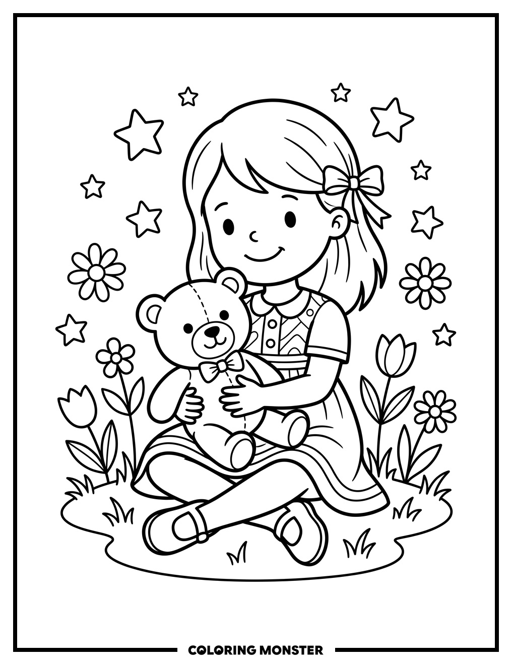 Girl Holding Teddy Bear with Flowers