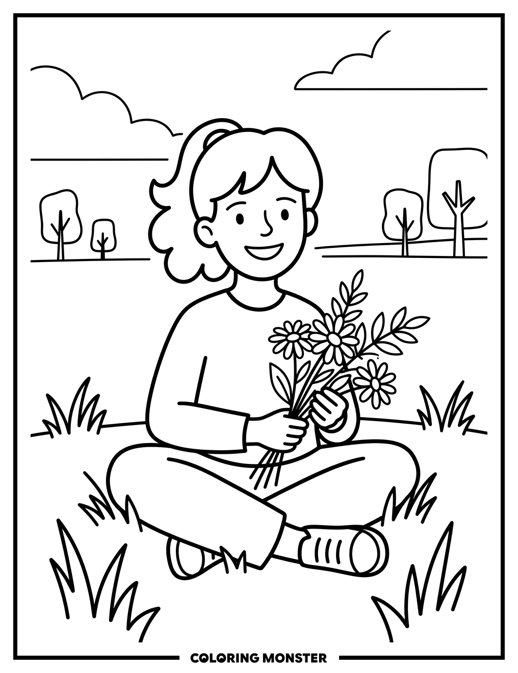Girl Holding Wildflowers in Meadow Coloring Page