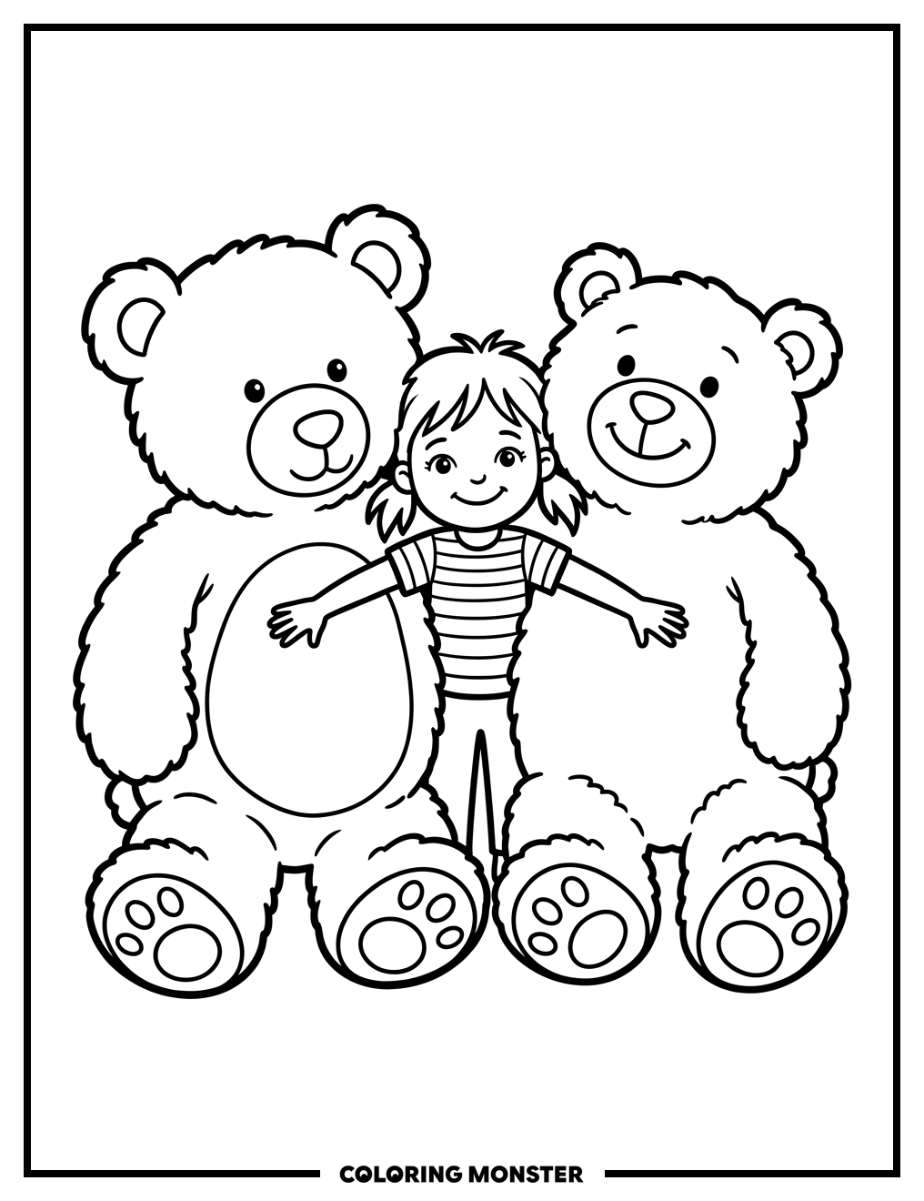 Girl Hugged by Teddy Bears Coloring Page