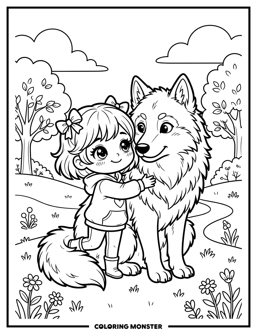 Girl Hugging Fluffy Wolf Coloring Page