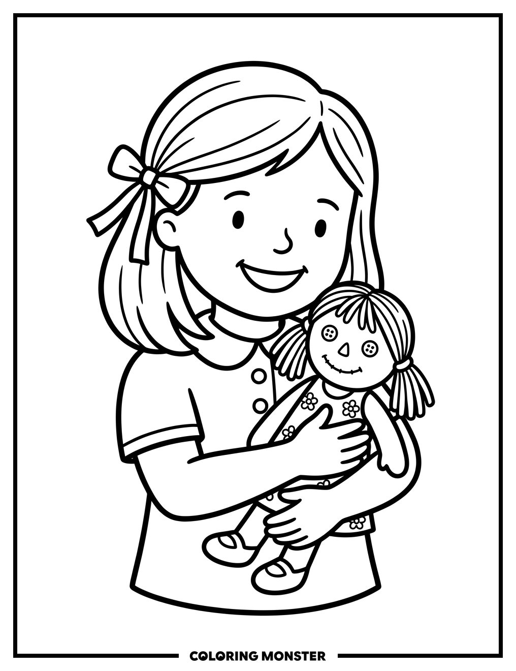 Girl Hugging Her Doll Coloring Page