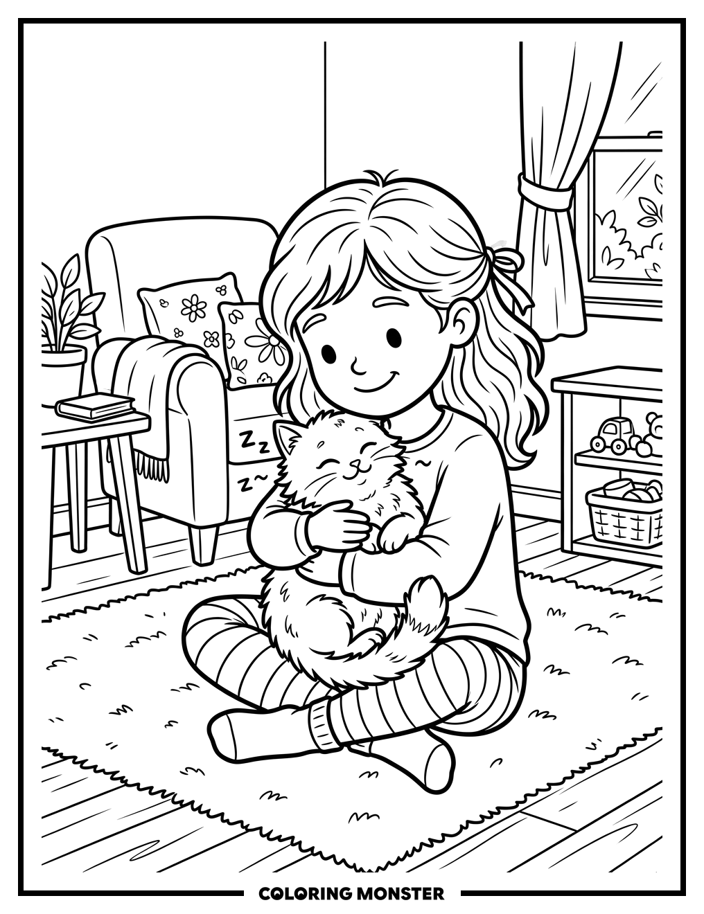 Girl Hugs Fluffy Cat Coloring Page