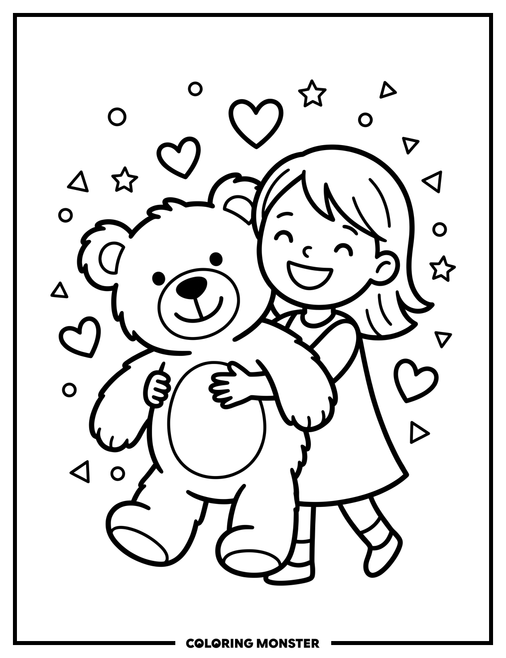 Girl Hugs Fluffy Teddy Bear Coloring Page