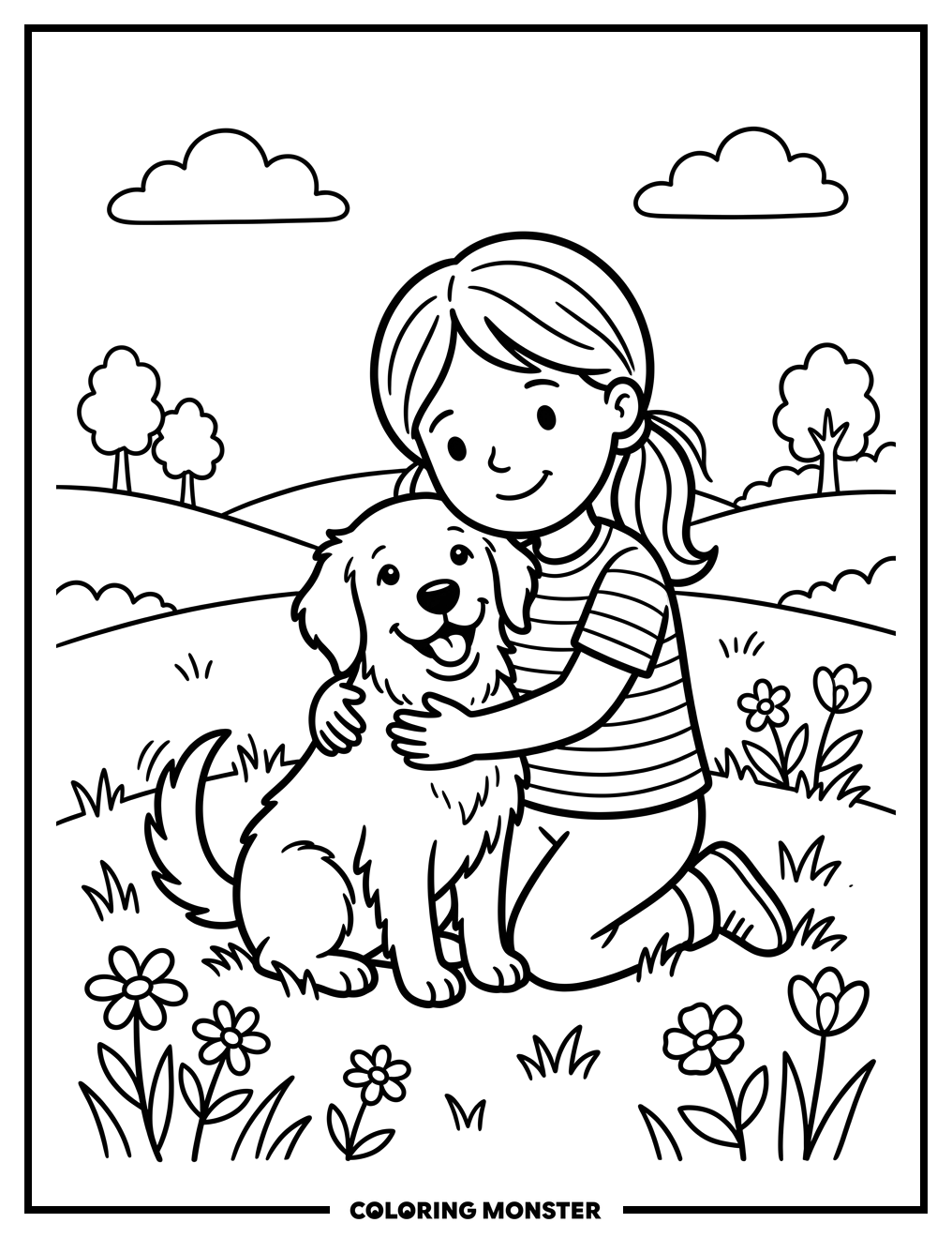 Girl Hugs Golden Retriever Puppy Coloring Page
