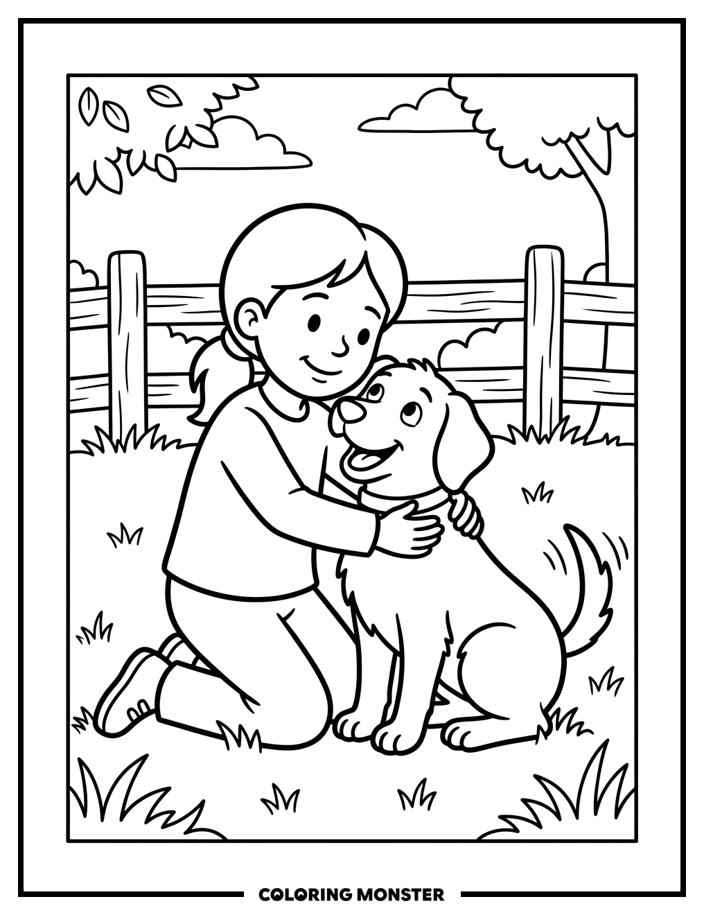 Girl Hugs Her Happy Dog Coloring Page