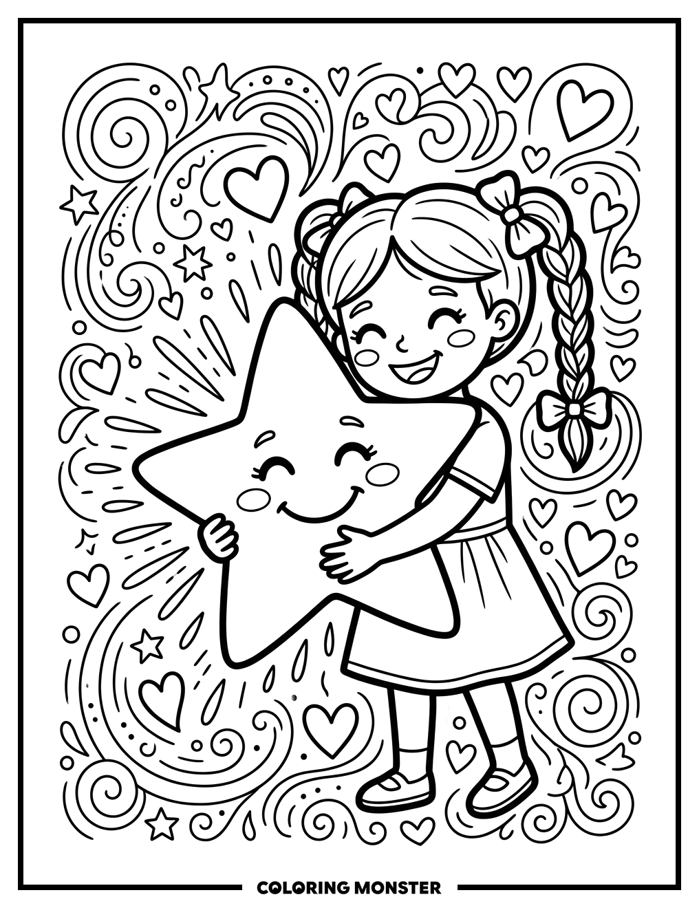 Girl Hugs Smiling Star Coloring Page