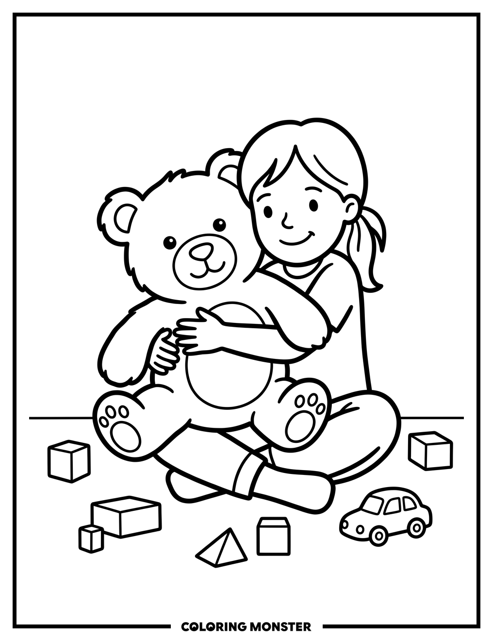 Girl Hugs Teddy Bear Coloring Page