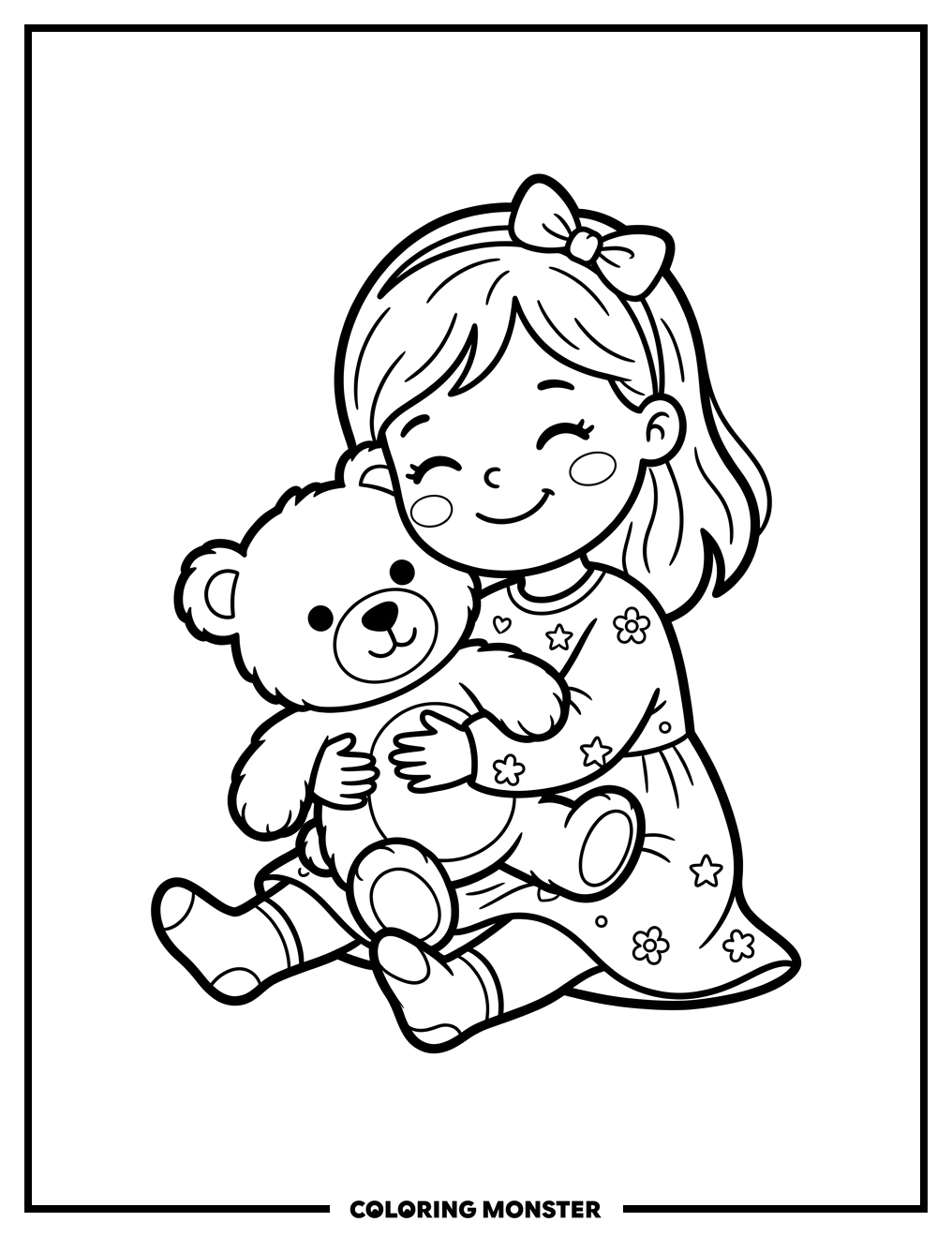 Girl Hugs Teddy Bear Coloring Page