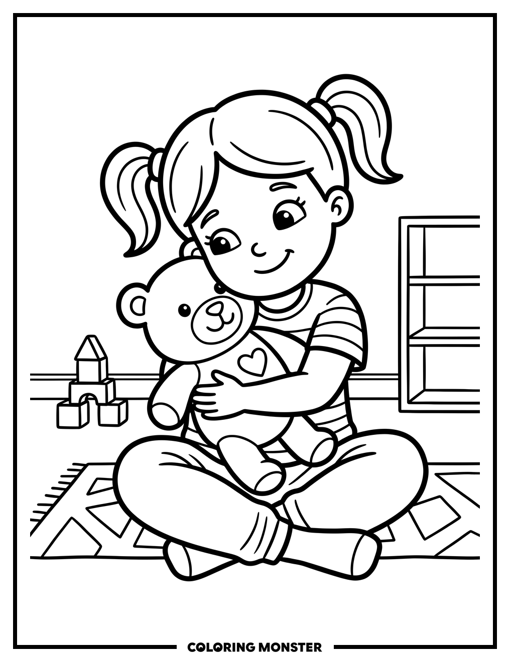 Girl Hugs Teddy Bear Coloring Page