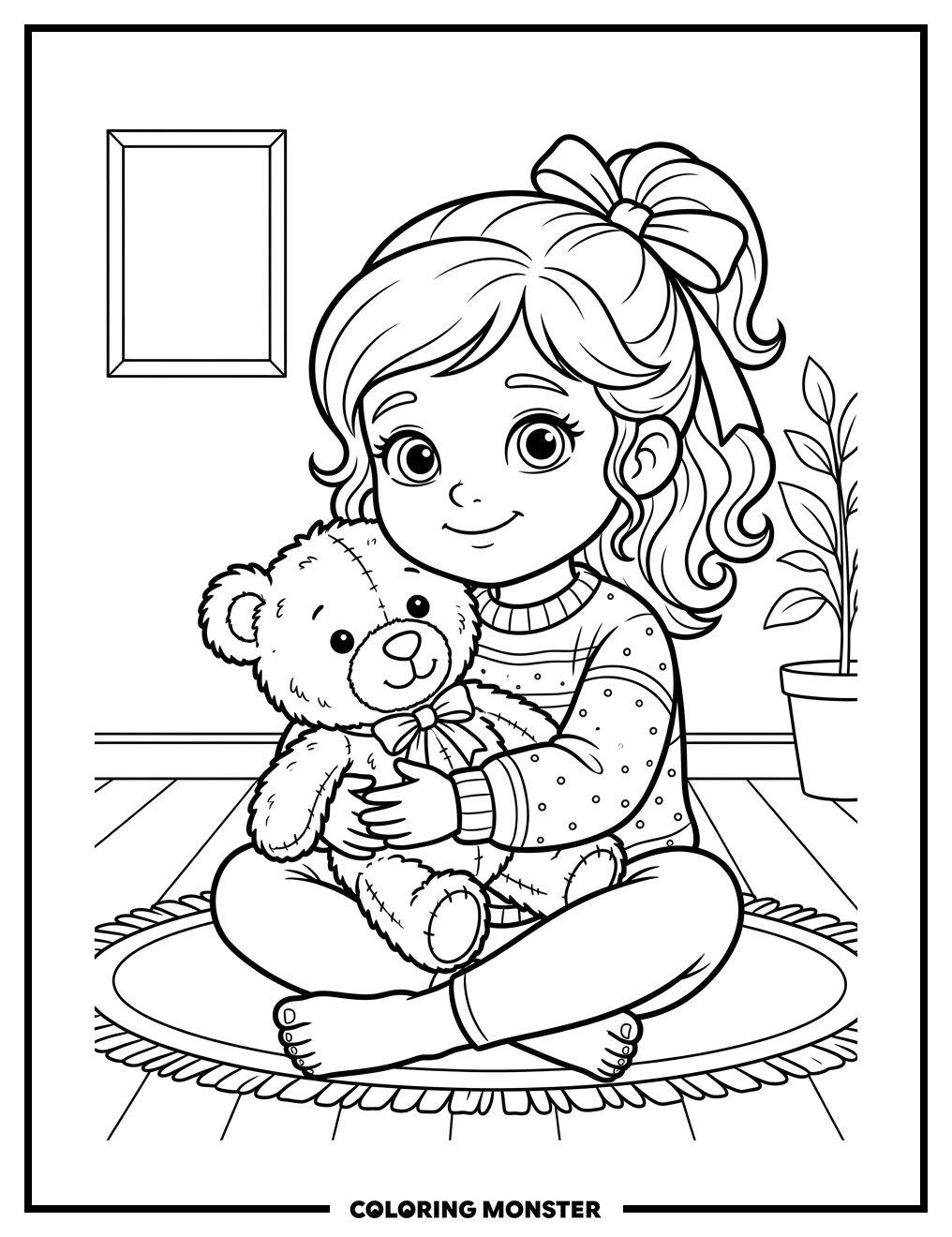 Girl Hugs Teddy Bear Coloring Page