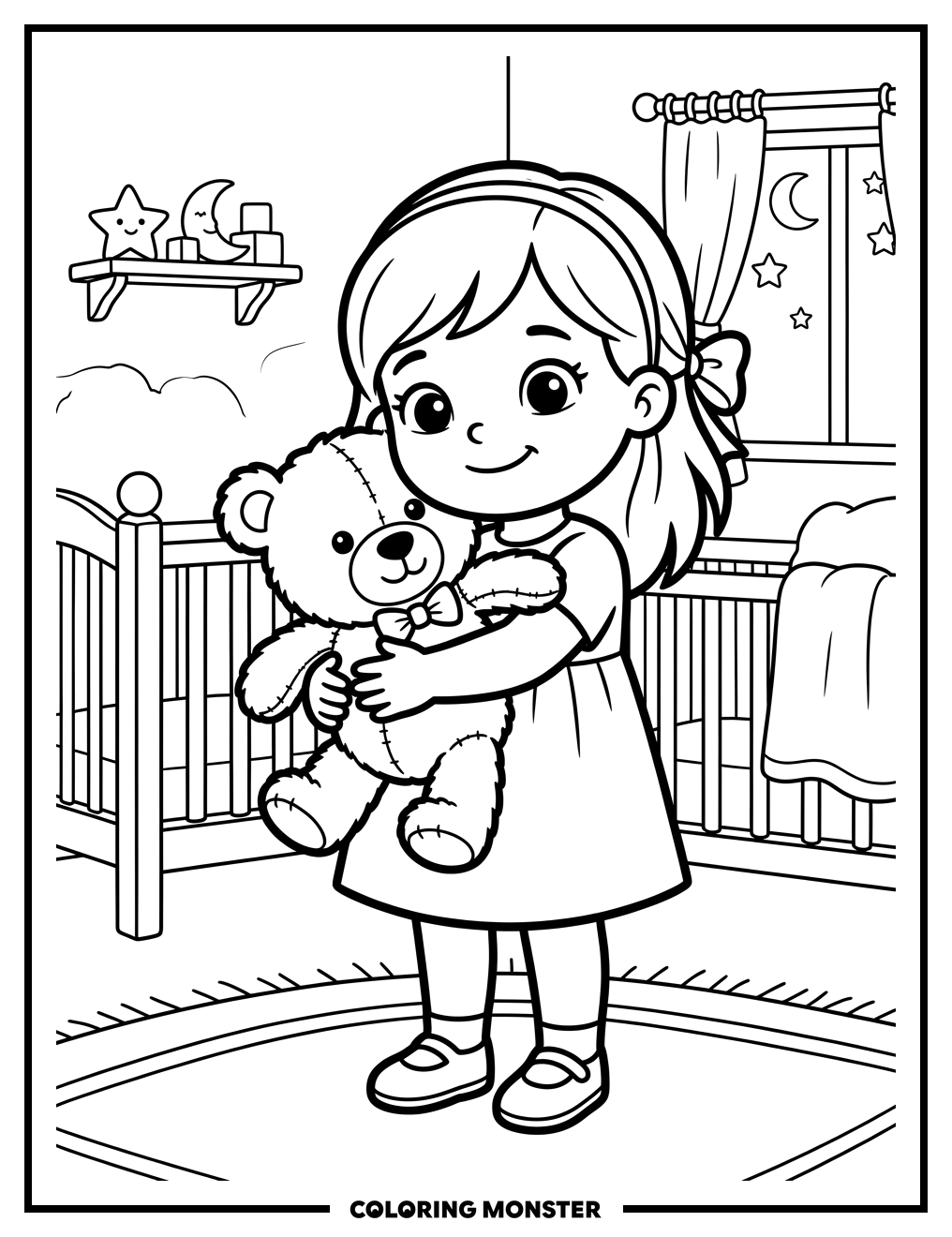 Girl Hugs Teddy Bear Coloring Page
