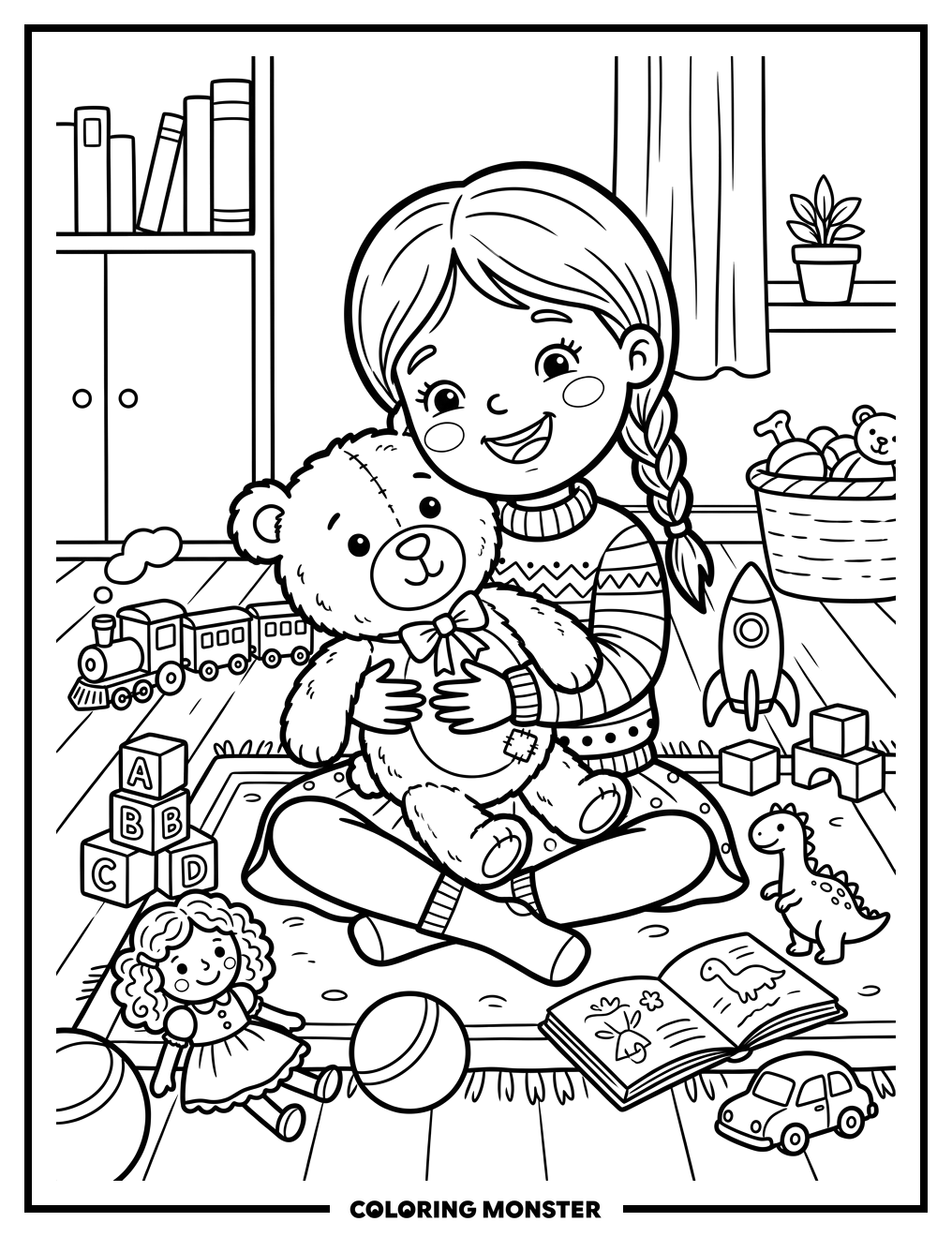 Girl Hugs Teddy Bear Coloring Page