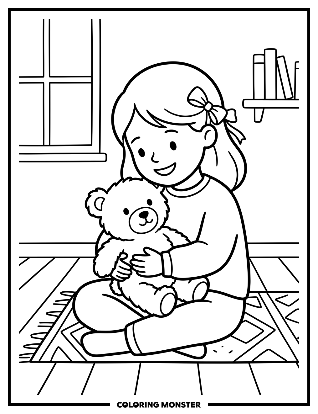 Girl Hugs Teddy Bear Coloring Page