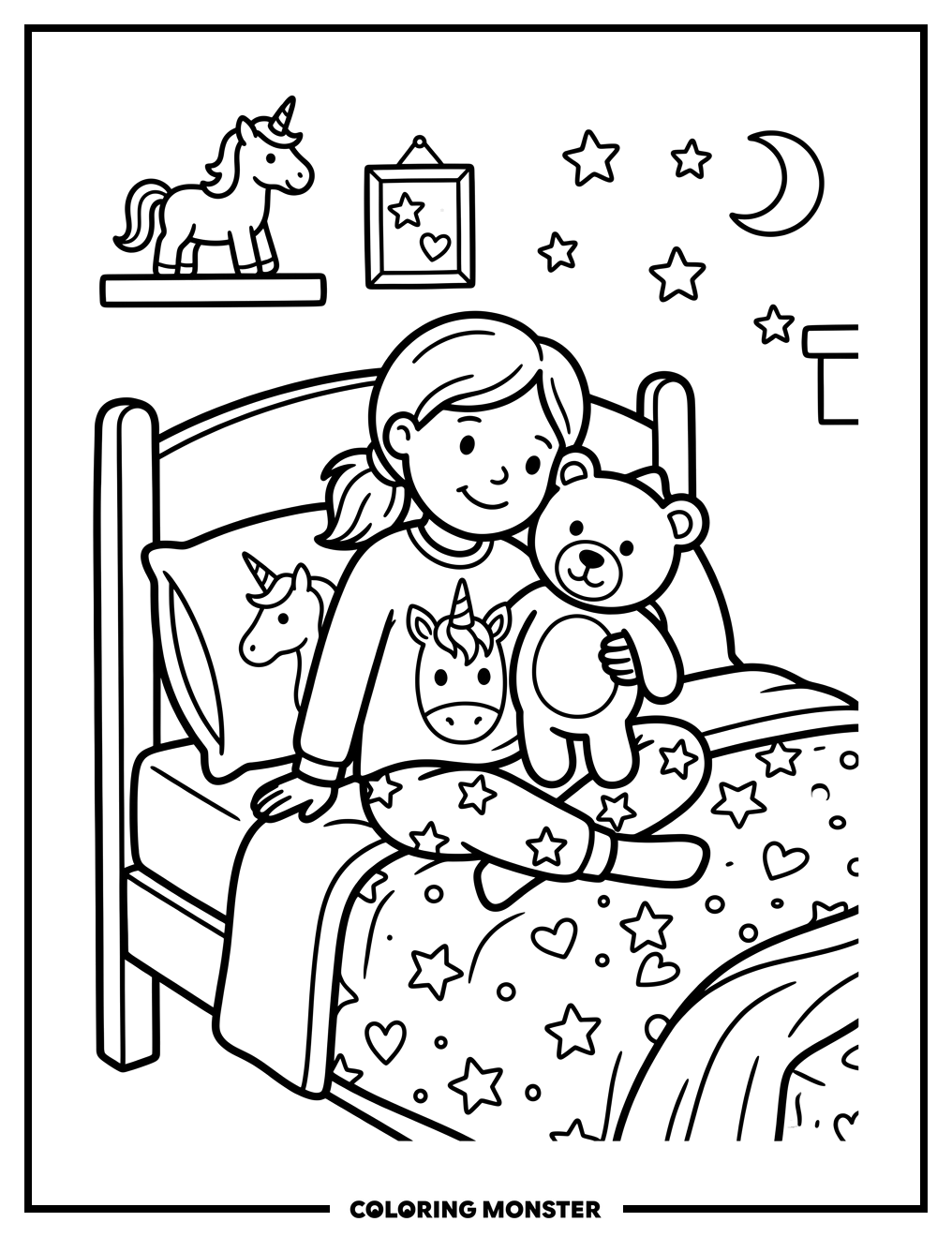 Girl Hugs Teddy Bear in Unicorn Pajamas Coloring Page