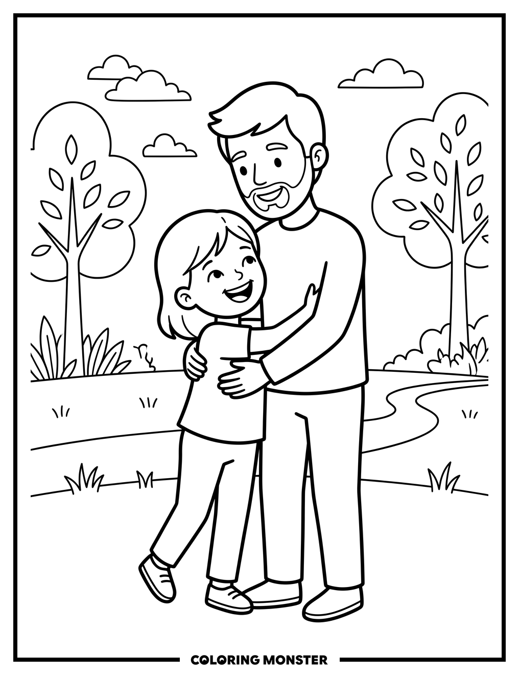 Girl Hugs Uncle in Park Coloring Page