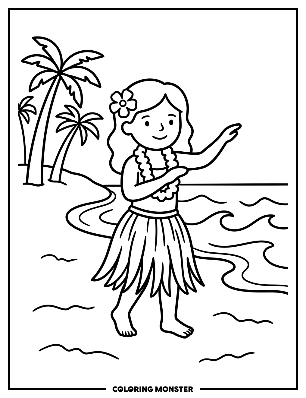Girl Hula Dancing on Beach Coloring Page