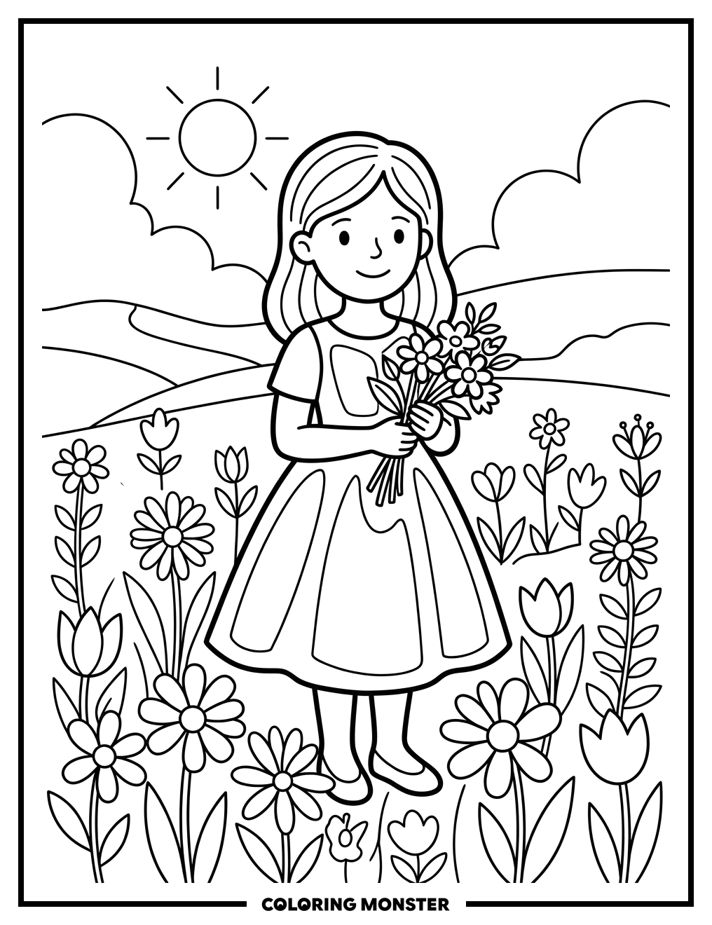 Girl in a Flower Field Coloring Page