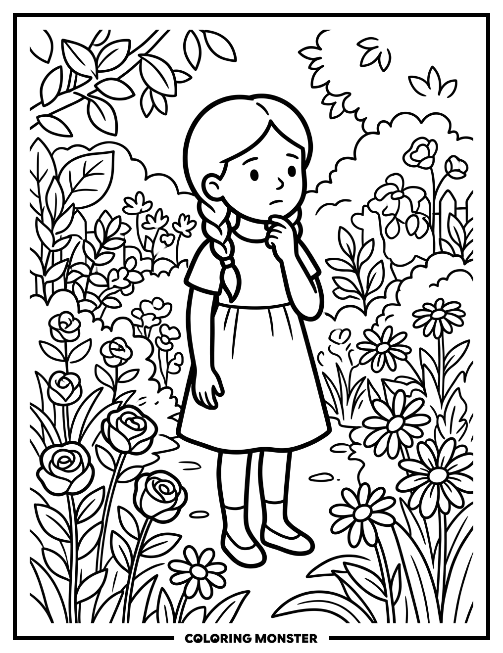 Girl in Flower Garden Coloring Page