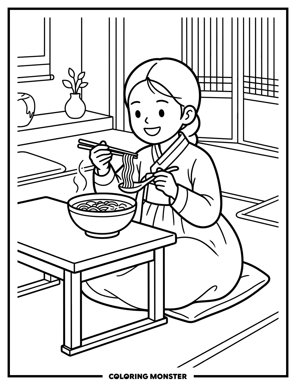 Girl in Hanbok Eats Ramen Coloring Page