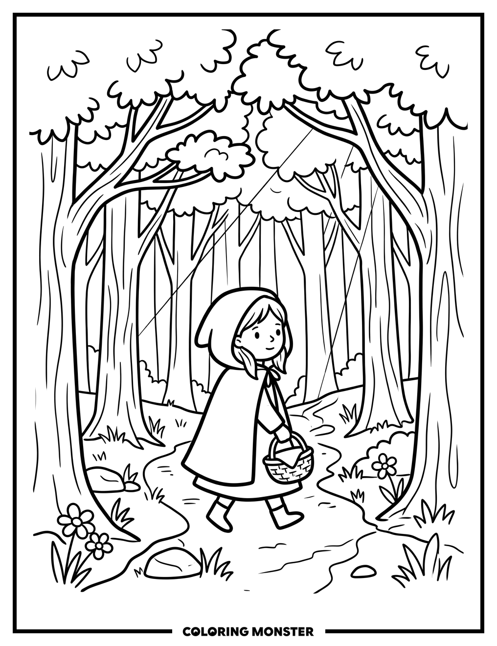 Girl in Red Cloak in Forest Coloring Page