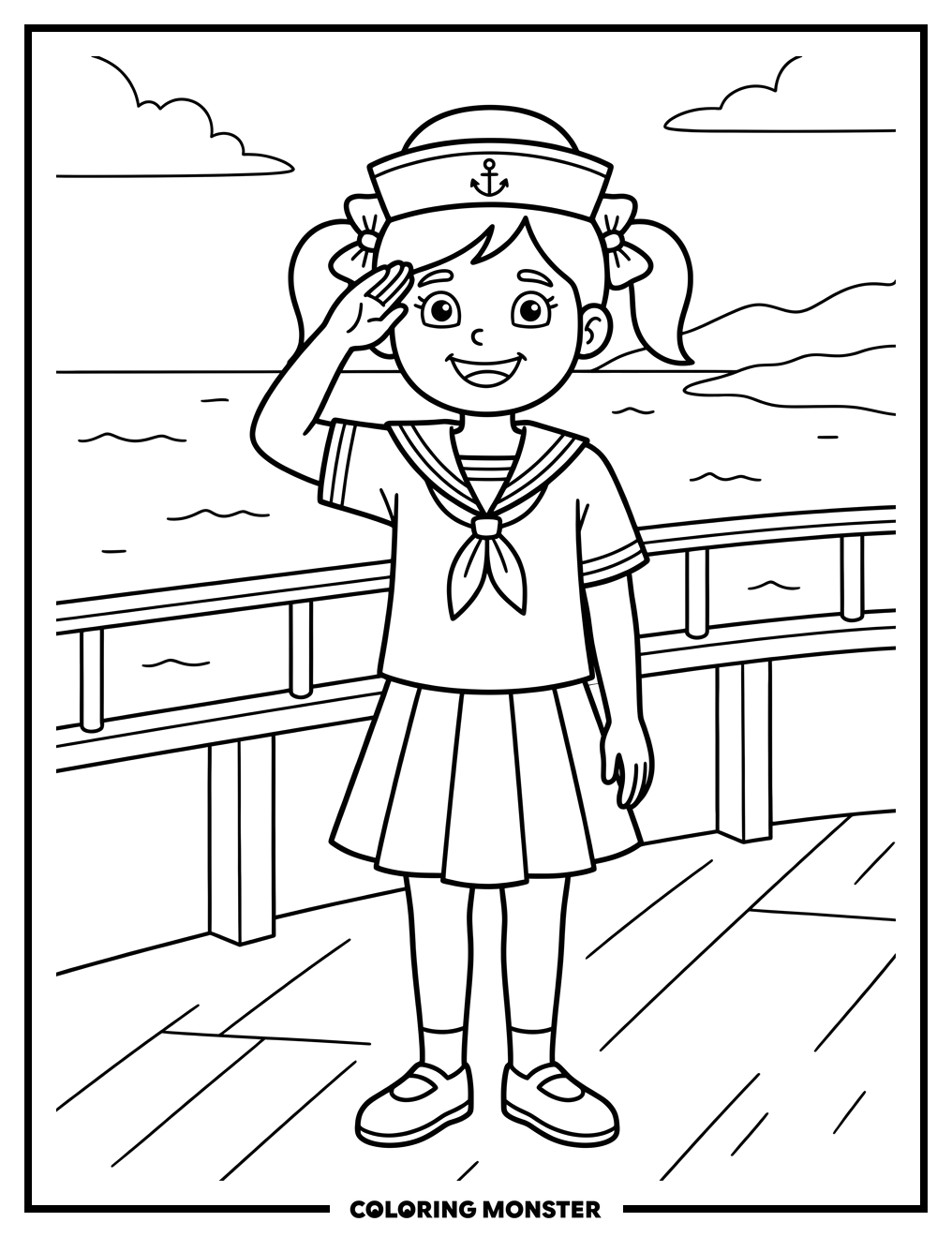 Girl In Sailor Uniform Salutes On Ship Deck Coloring Page