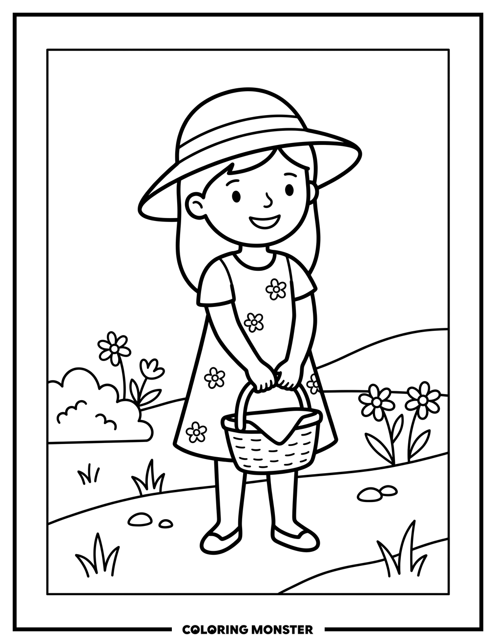 Girl In Summer Dress And Sun Hat Coloring Page