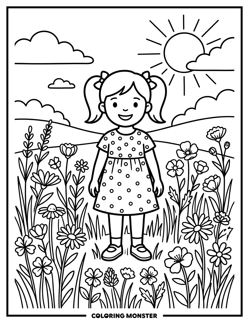 Girl in Sunny Wildflower Meadow Coloring Page