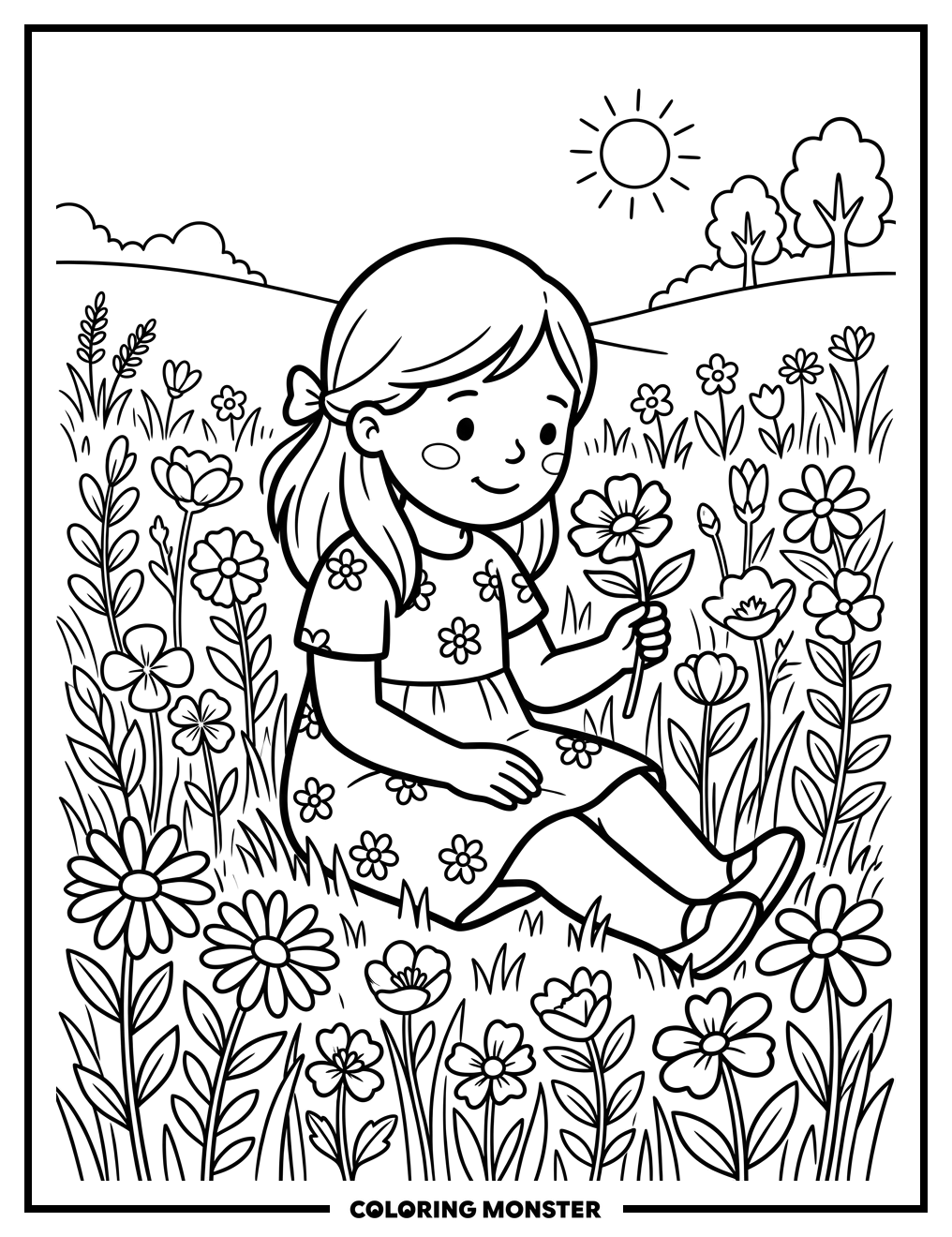 Girl in Wildflower Meadow Coloring Page