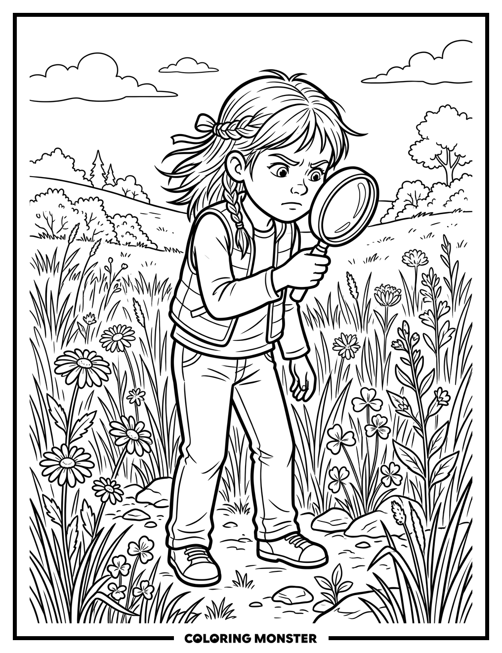 Girl Investigating in a Meadow Coloring Page