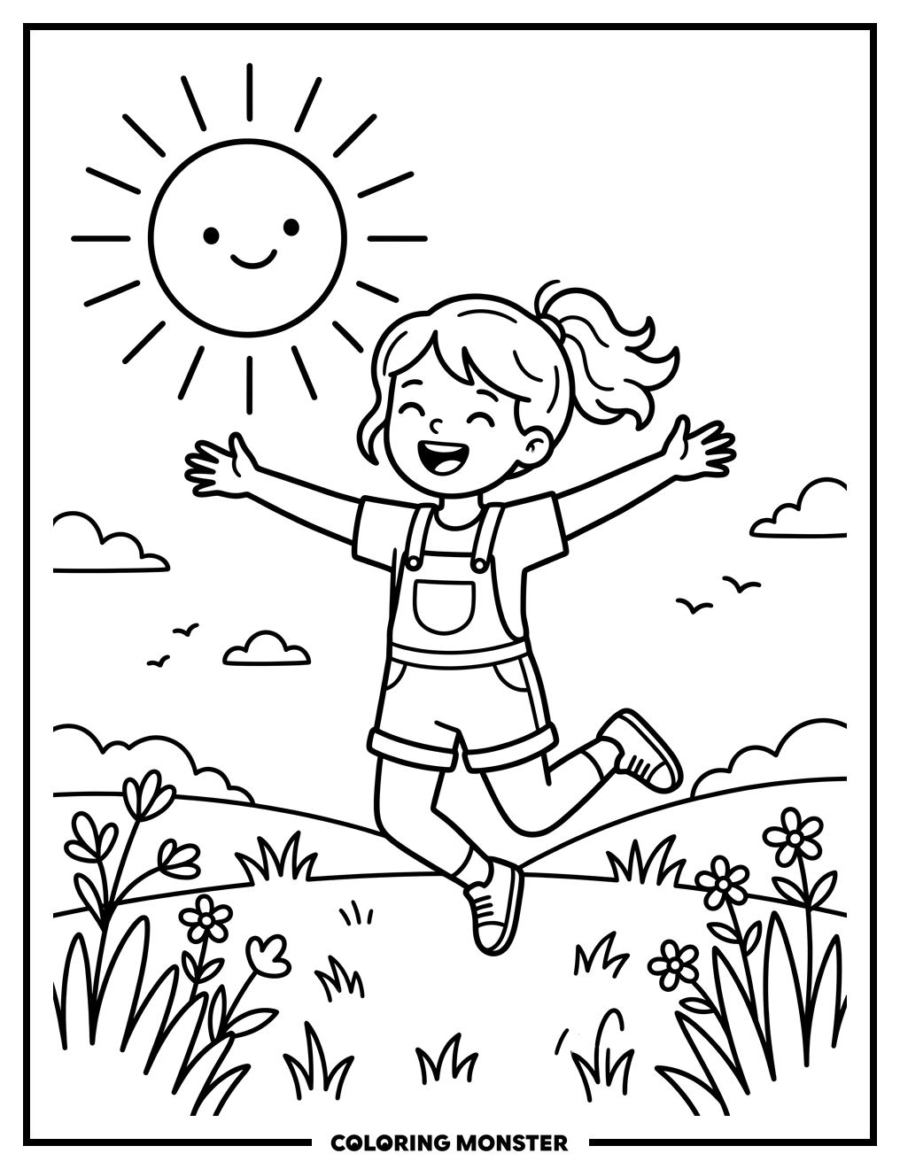 Girl Jumping in Sunny Field Coloring Page