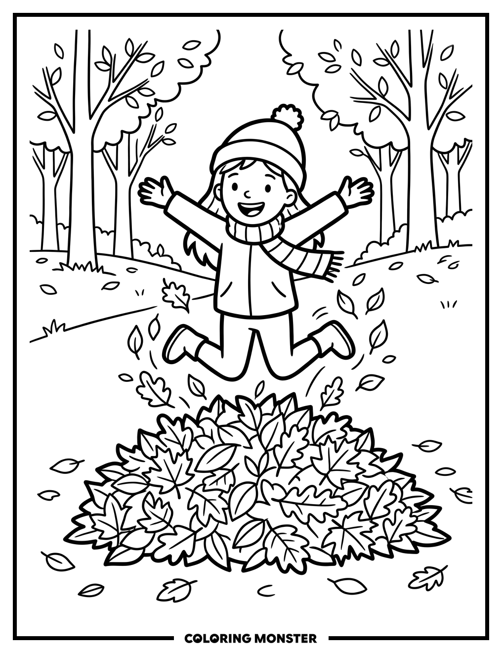 Girl Jumps In Autumn Leaves Coloring Page