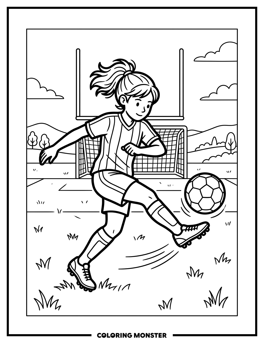Girl Kicking Soccer Ball Coloring Page