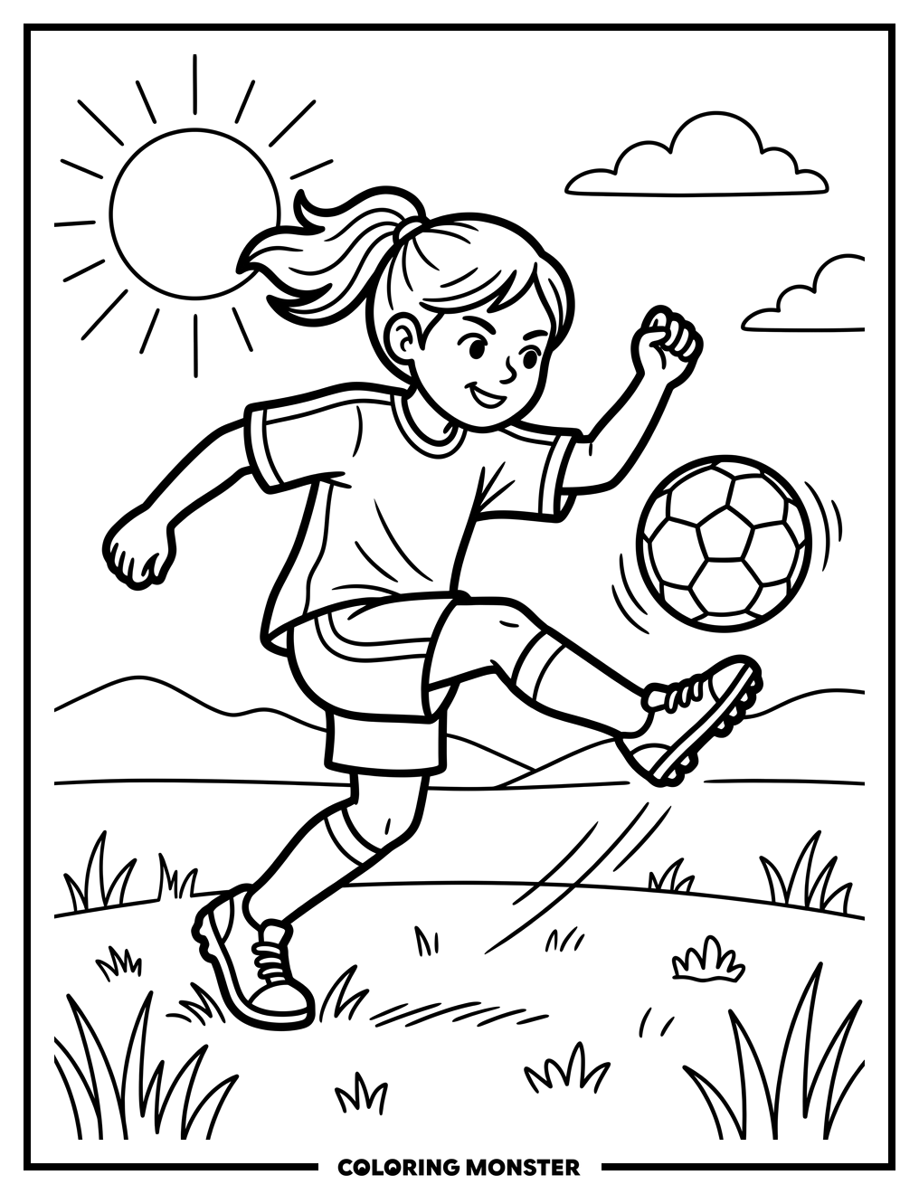 Girl Kicking Soccer Ball Coloring Page