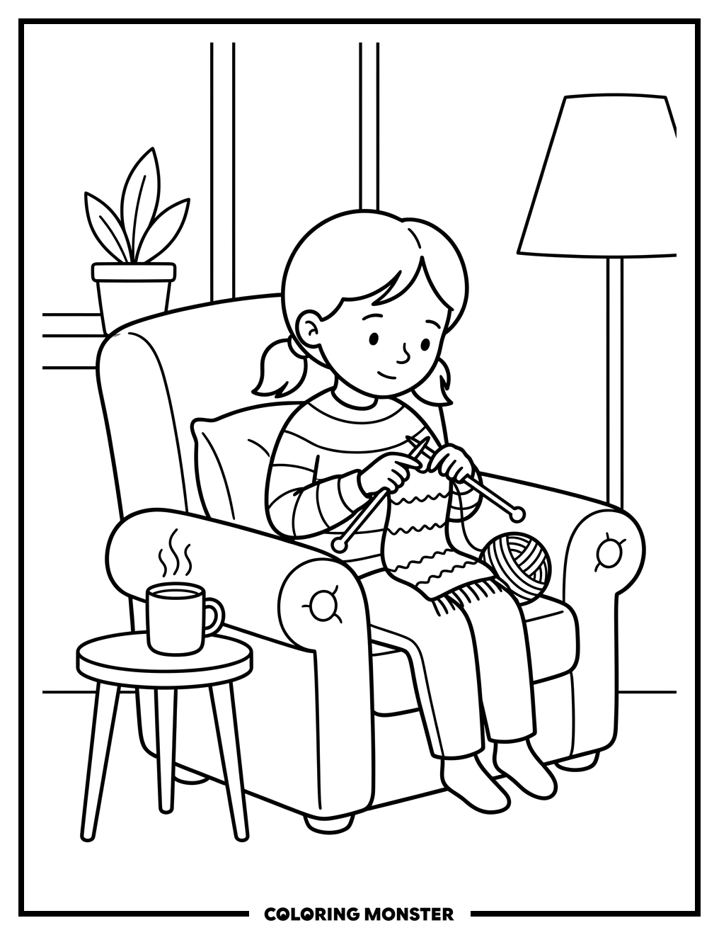 Girl Knitting by Fireplace Coloring Page