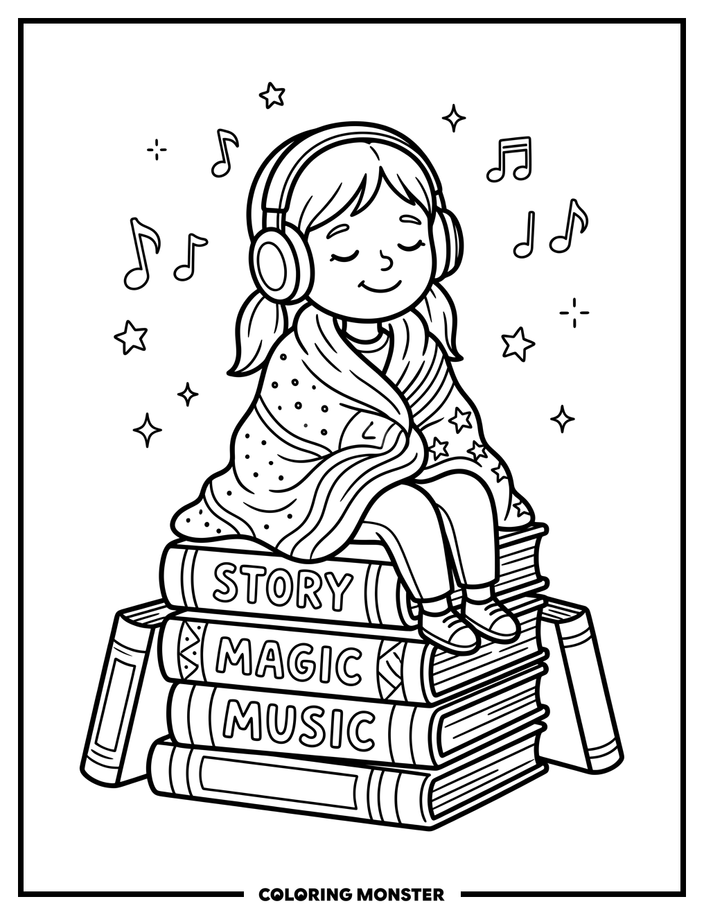 Girl Listening to Music Coloring Page