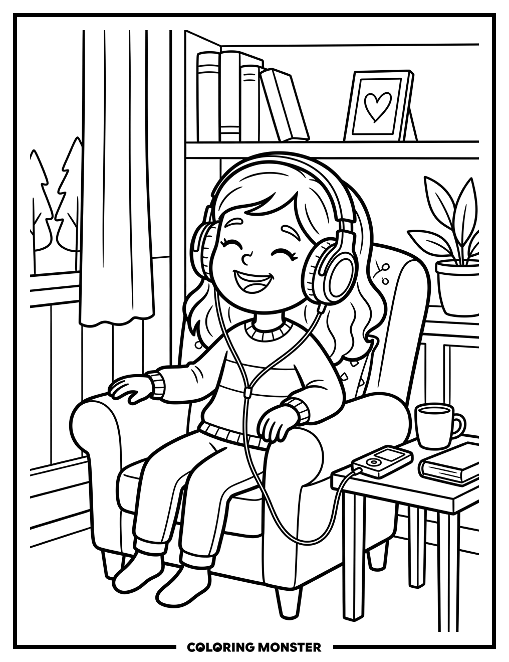 Girl Listening to Music with Headphones Coloring Page