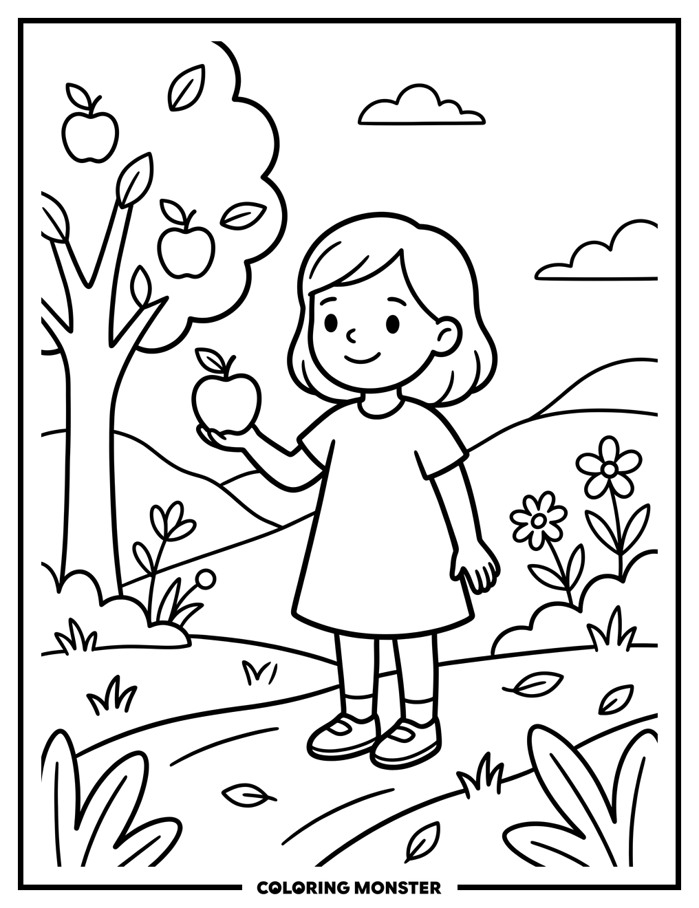 Girl Offering an Apple Coloring Page
