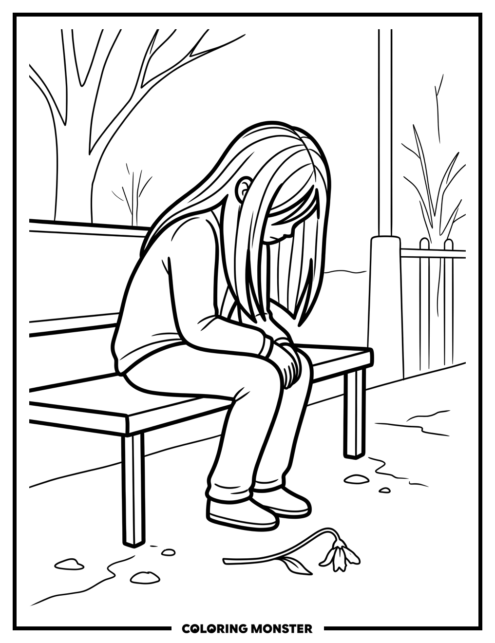 Girl on Park Bench Coloring Page