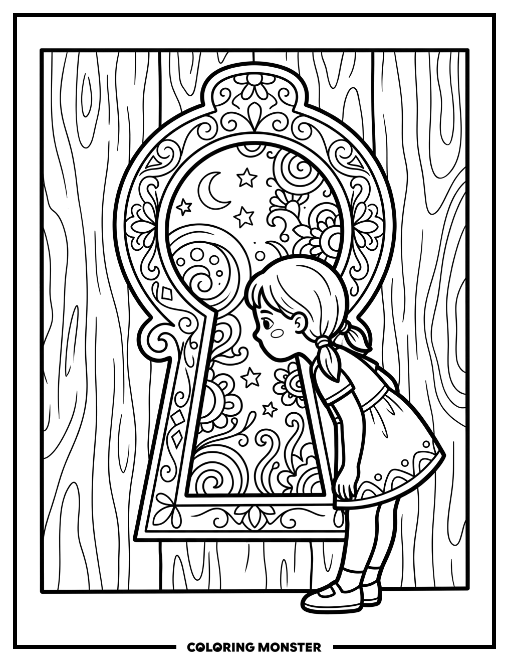 Girl Peeking Through A Giant Keyhole Coloring Page