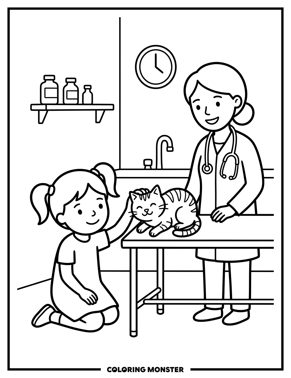 Girl Pets Cat At Vet Clinic Coloring Page