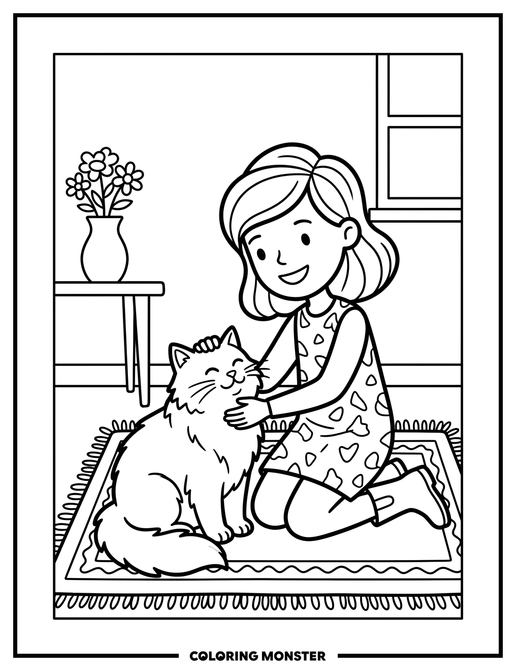 Girl Petting a Fluffy Cat Coloring Page