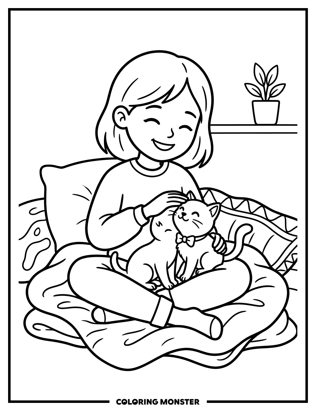 Girl Petting a Kitten Coloring Page