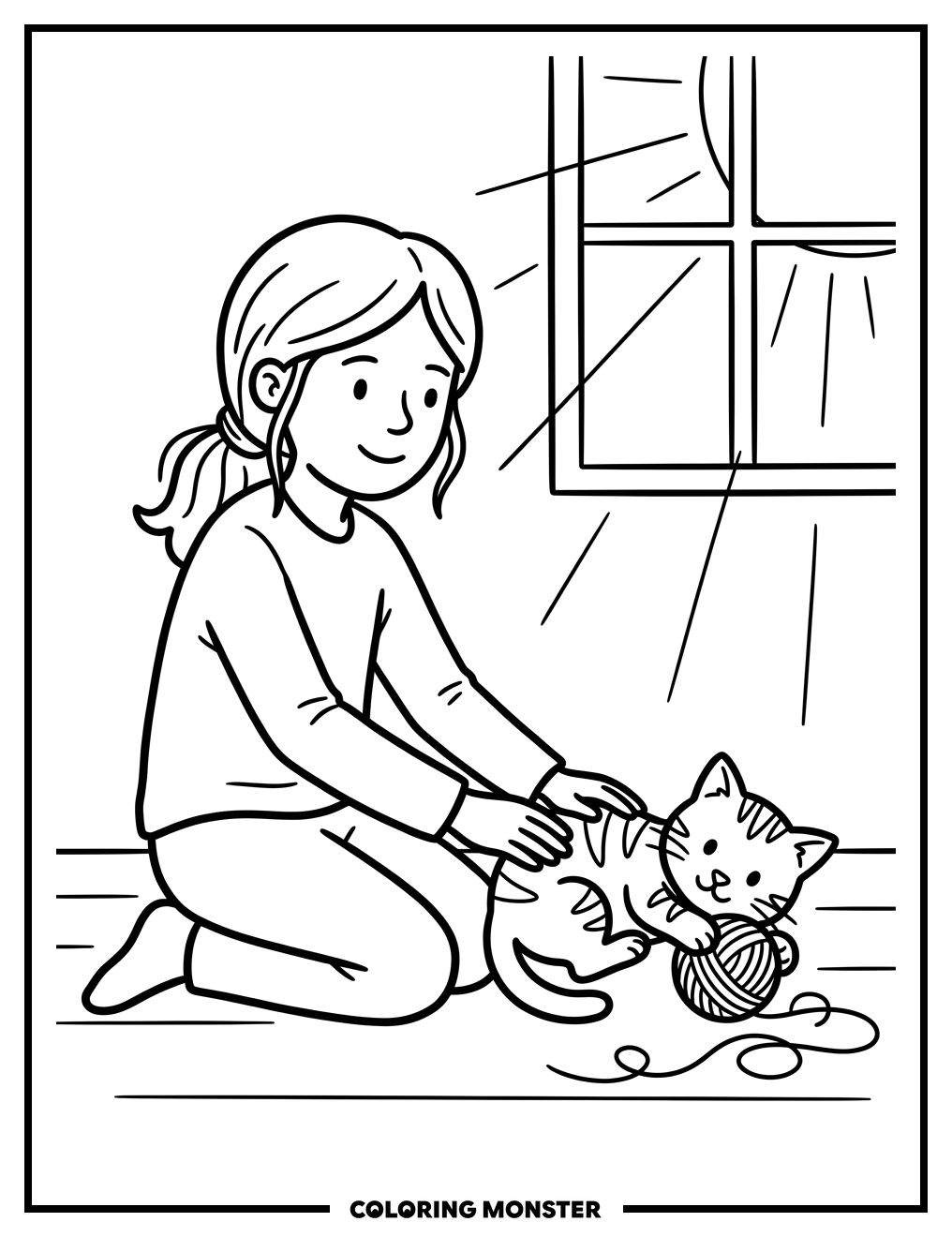 Girl Petting a Playful Kitten Coloring Page